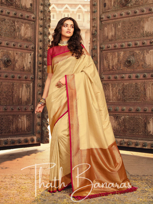 Cream Soft Kanjivaram Chhap Dying Saree