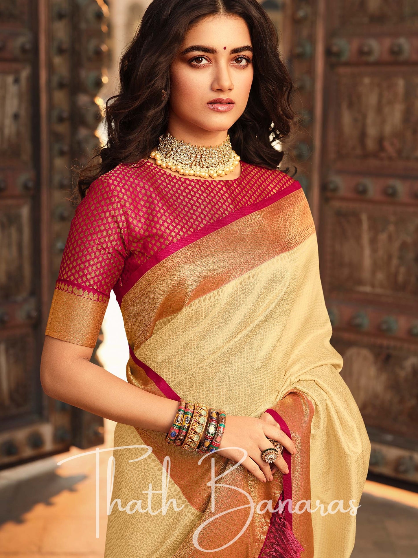 Cream Soft Kanjivaram Chhap Dying Saree