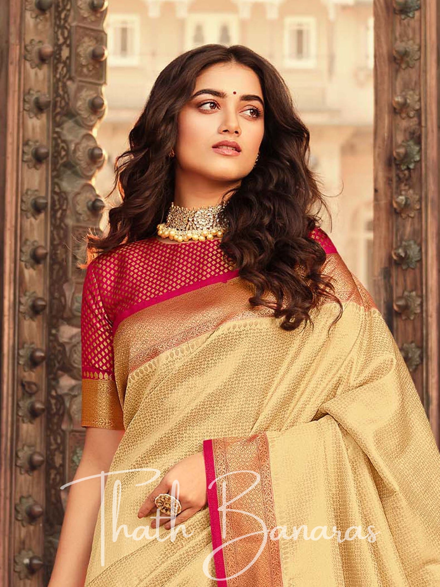 Cream Soft Kanjivaram Chhap Dying Saree