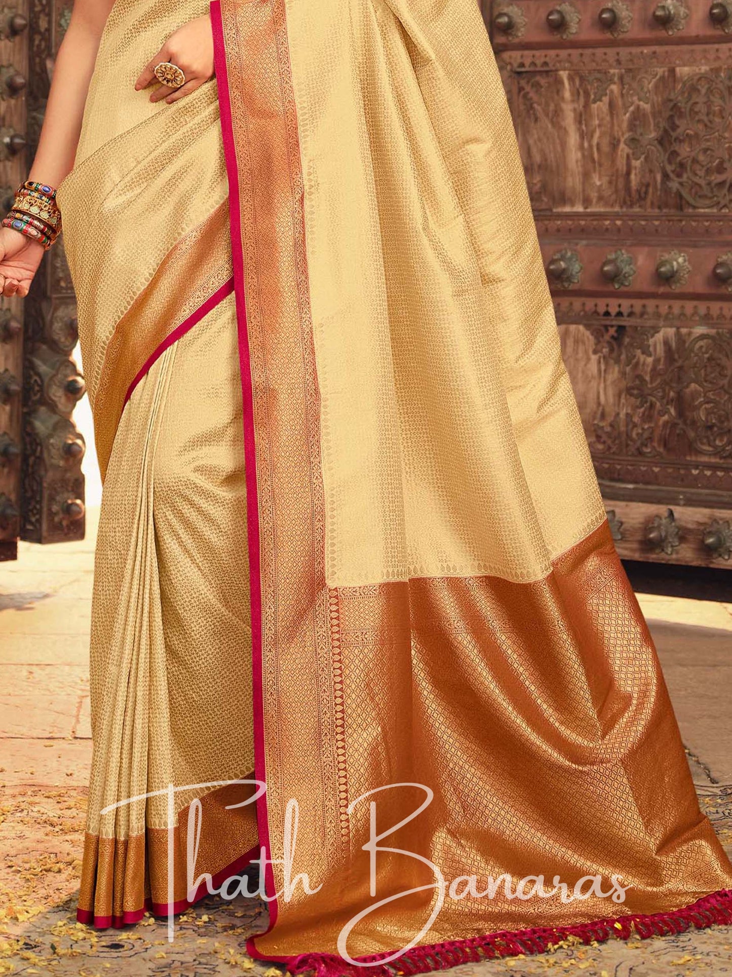 Cream Soft Kanjivaram Chhap Dying Saree