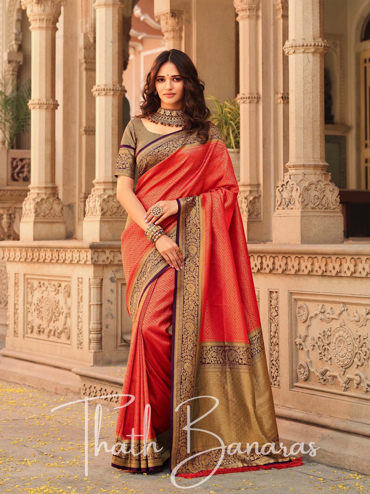 Shocking Red Soft Kanjivaram Chhap Dying Saree