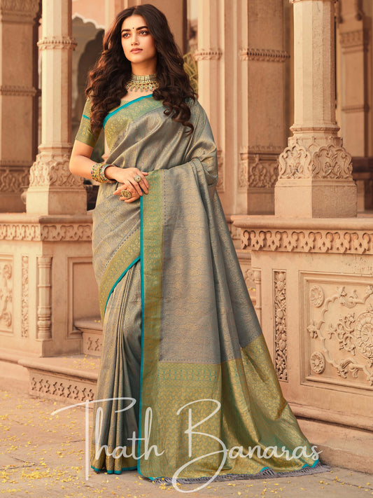 Light Grey Soft Kanjivaram Chhap Dying Saree