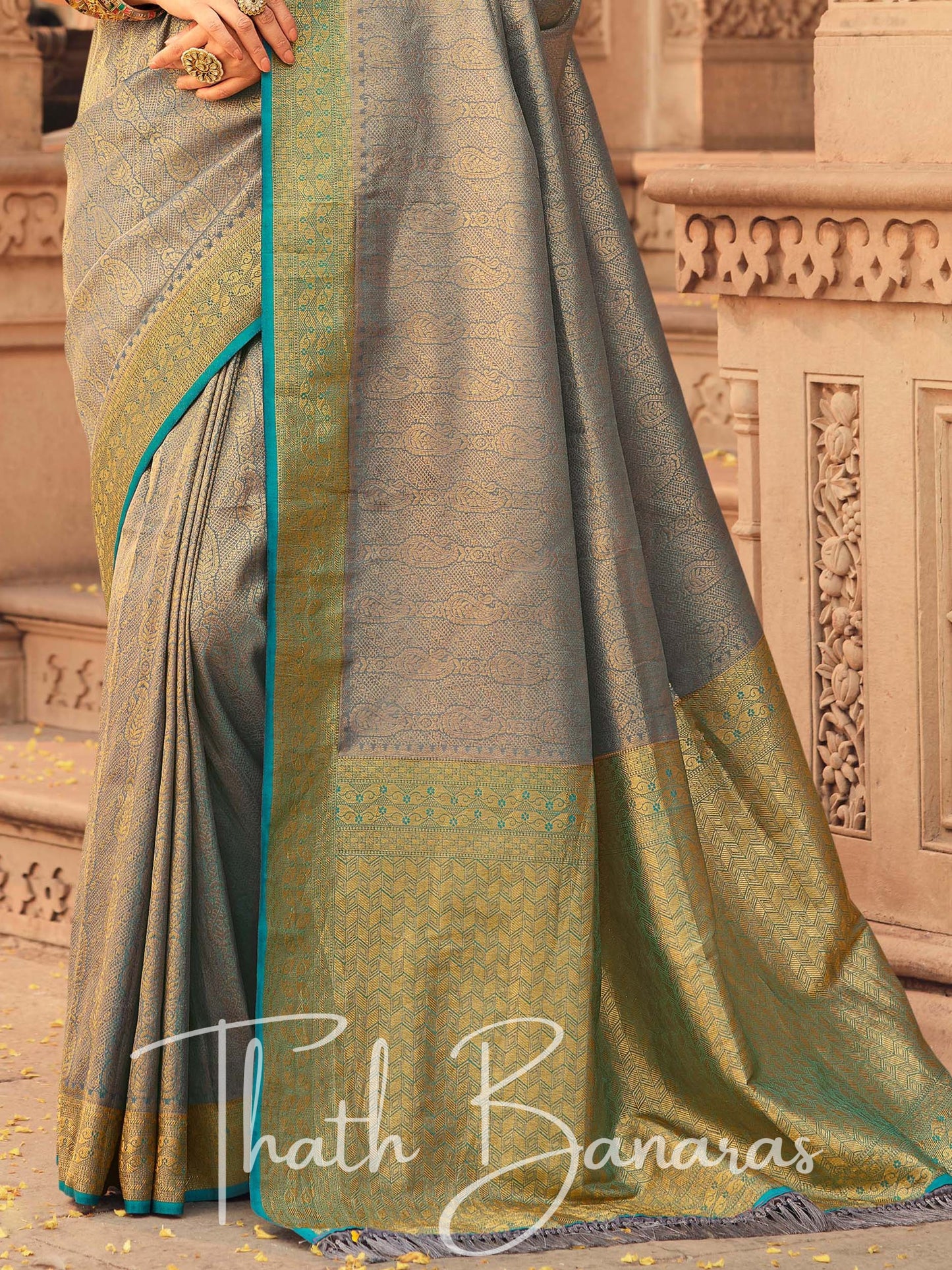 Light Grey Soft Kanjivaram Chhap Dying Saree