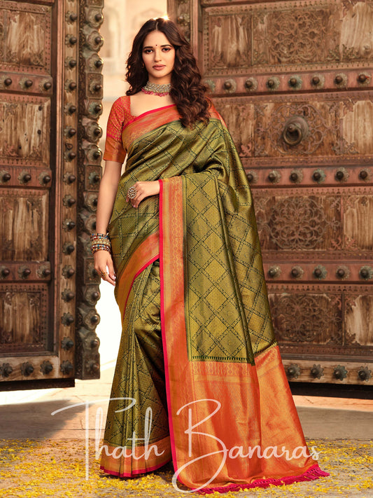 Mulberry Green Soft Kanjivaram Chhap Dying Saree