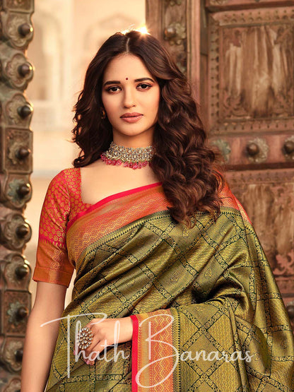 Mulberry Green Soft Kanjivaram Chhap Dying Saree