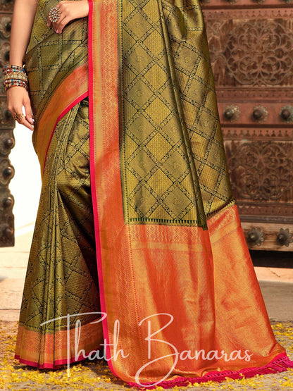 Mulberry Green Soft Kanjivaram Chhap Dying Saree