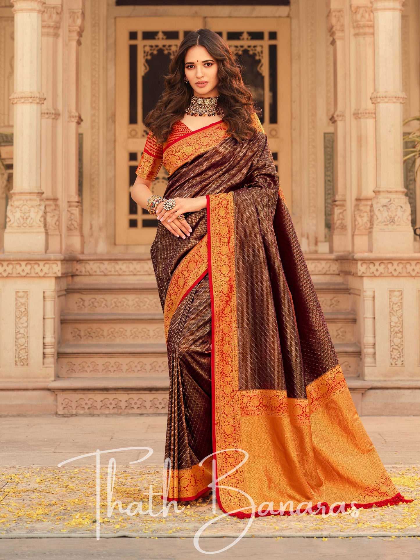 Brown Soft Kanjivaram Chhap Dying Saree