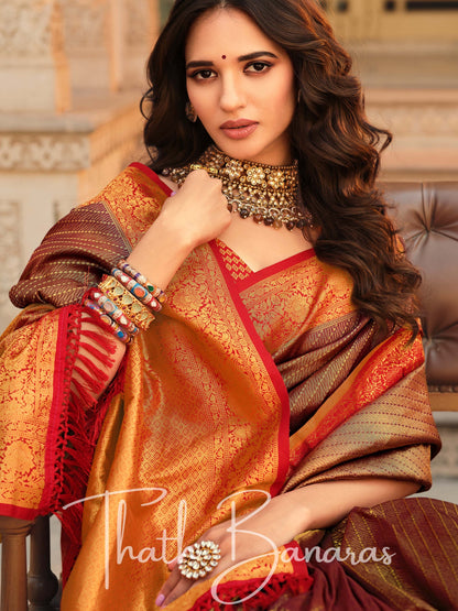 Brown Soft Kanjivaram Chhap Dying Saree