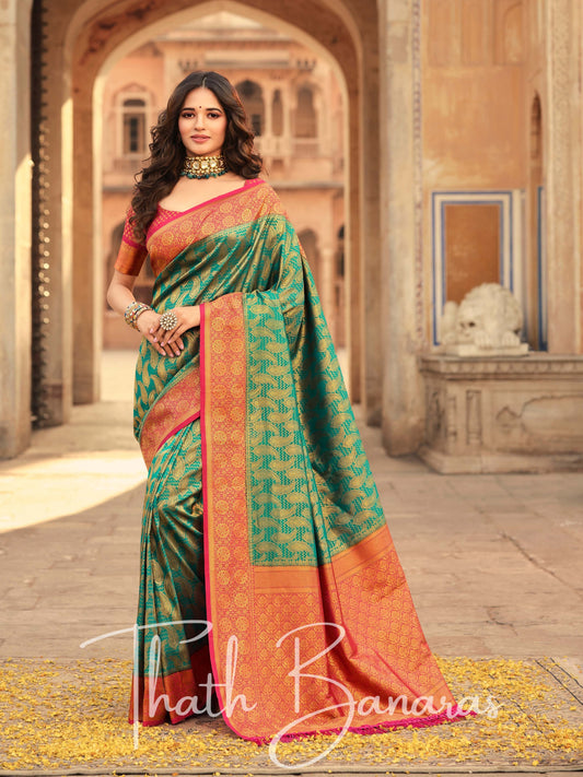 Rama Green and Pink Soft Kanjivaram Chhap Dying Saree