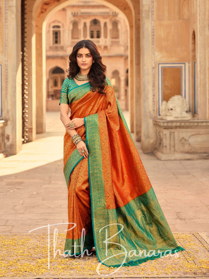 Orange and Rama Green Soft Kanjivaram Chhap Dying Saree