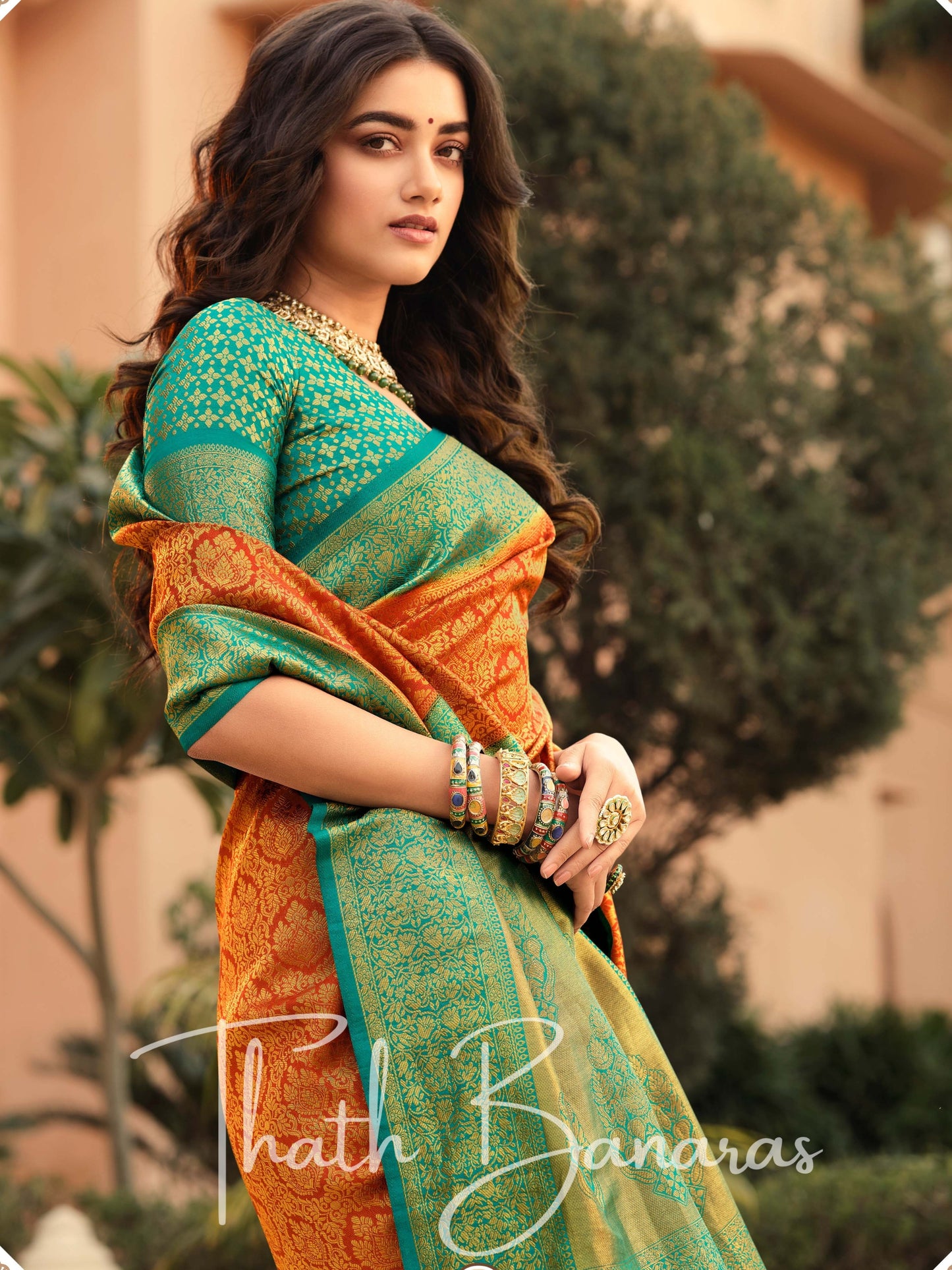 Orange and Rama Green Soft Kanjivaram Chhap Dying Saree