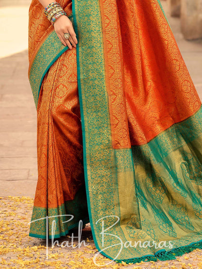 Orange and Rama Green Soft Kanjivaram Chhap Dying Saree