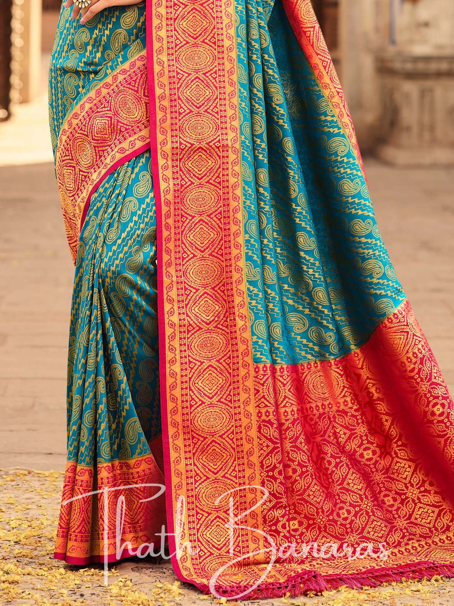 Sky Blue and Pink Soft Kanjivaram Chhap Dying Saree