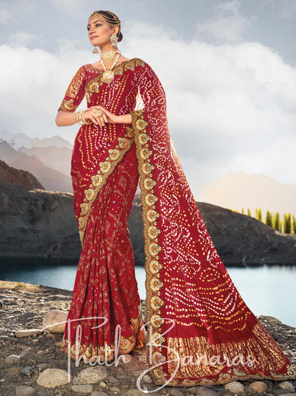 Deep Maroon Pure Gajji Bandhej Satin Saree