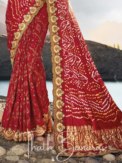 Deep Maroon Pure Gajji Bandhej Satin Saree