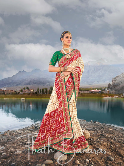 White Pure Gajji Bandhej Satin Saree