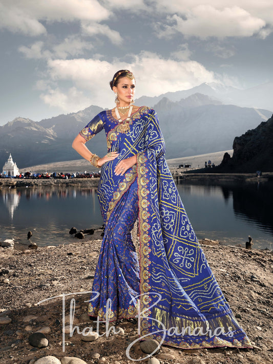 Royal Blue Pure Gajji Bandhej Satin Saree