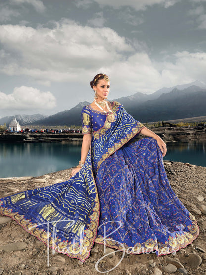 Royal Blue Pure Gajji Bandhej Satin Saree