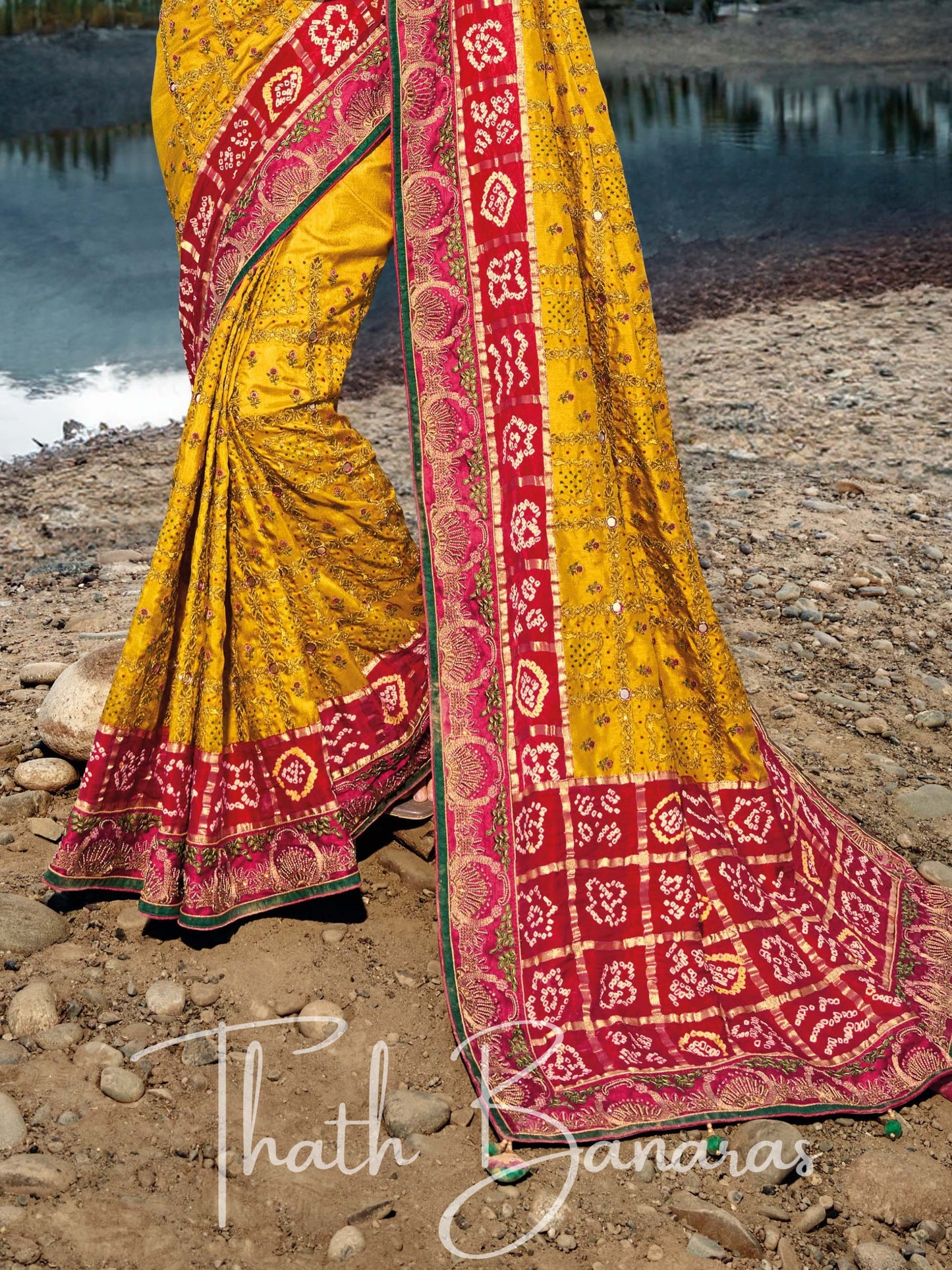 Mustard Yellow Pure Gajji Bandhej Satin Saree