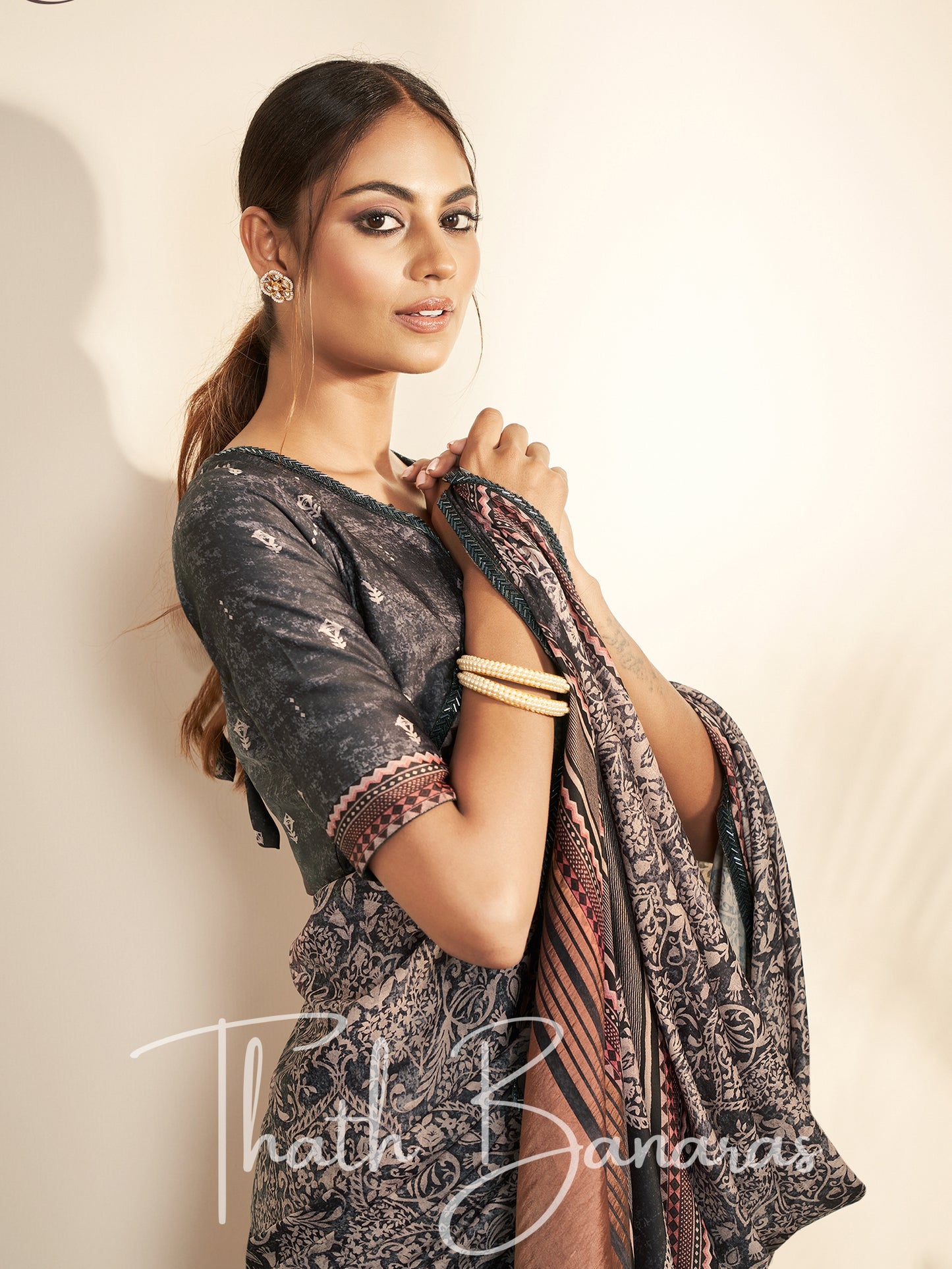 Grey Crape Silk Printed Designer Saree