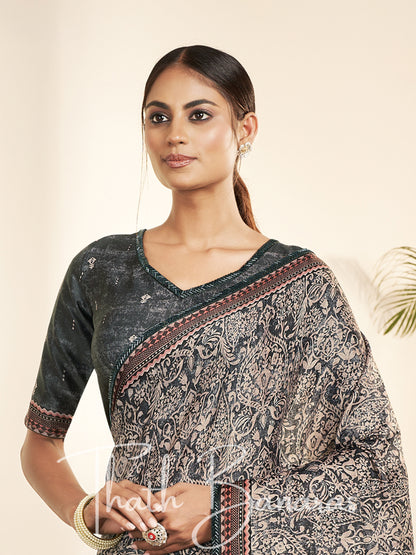 Grey Crape Silk Printed Designer Saree