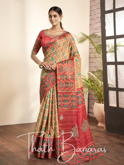 Almond Cream Silk Printed Designer Saree