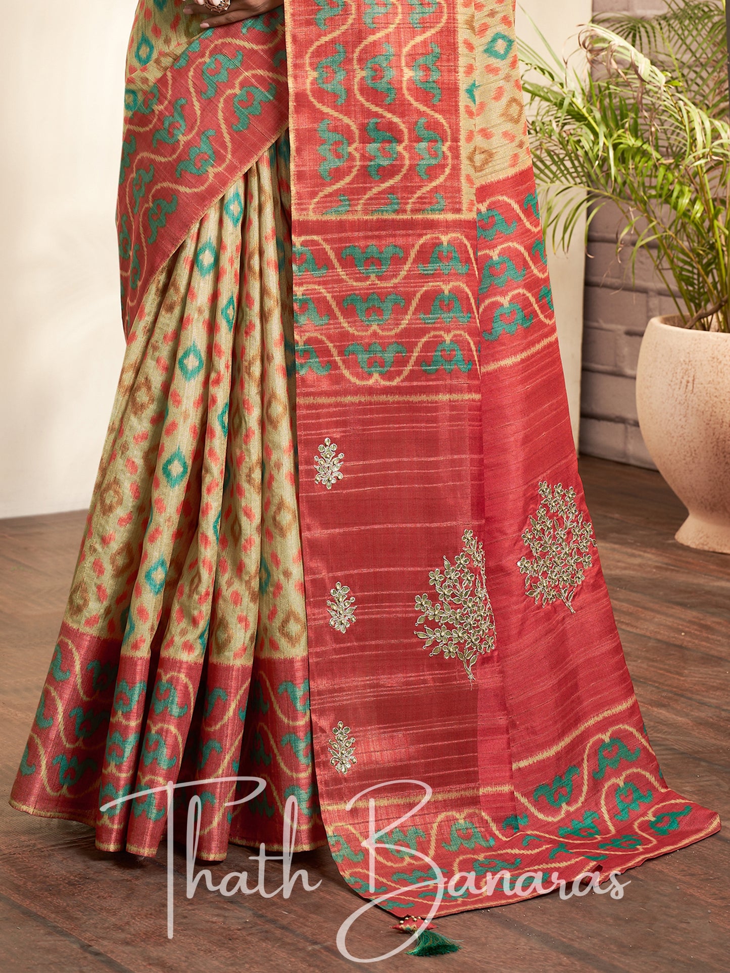 Almond Cream Silk Printed Designer Saree