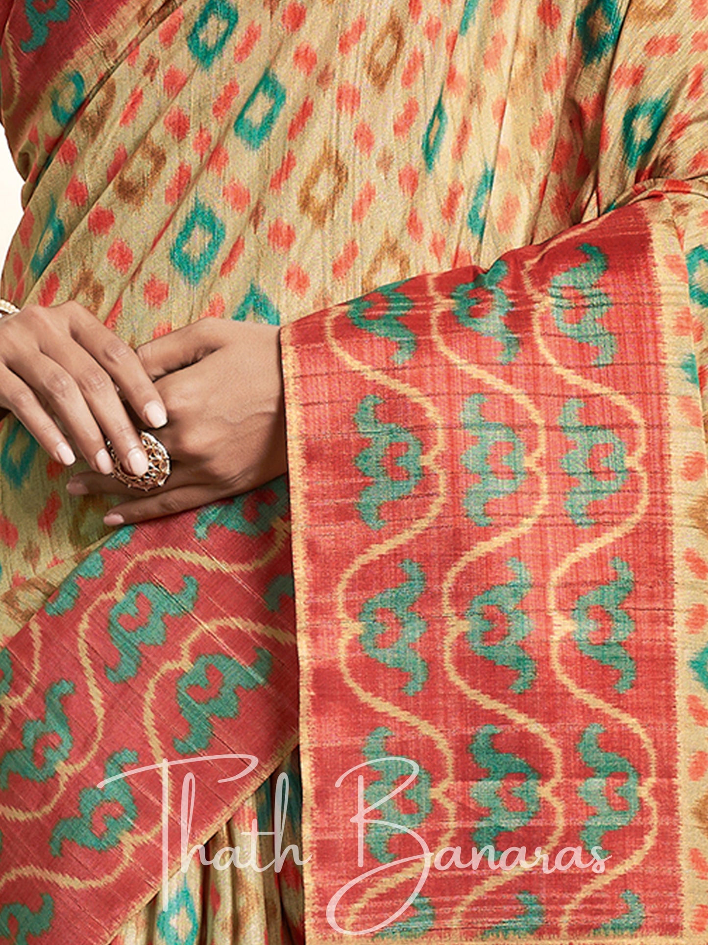 Almond Cream Silk Printed Designer Saree