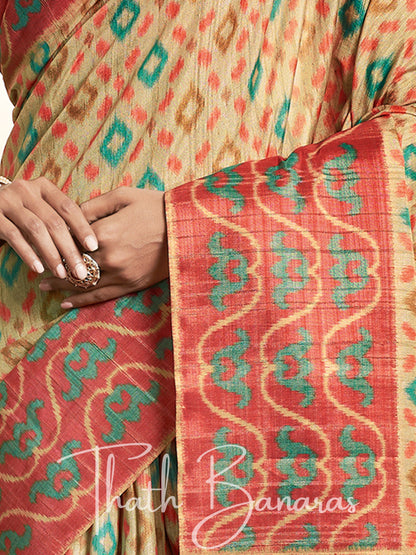 Almond Cream Silk Printed Designer Saree