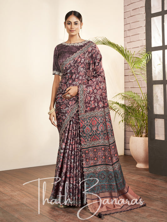 Chocolate Brown Silk Printed Designer Saree