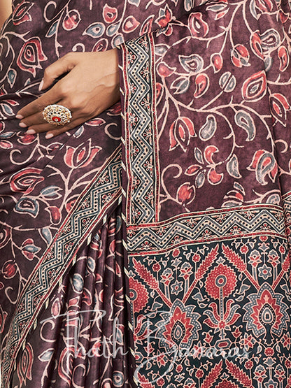 Chocolate Brown Silk Printed Designer Saree