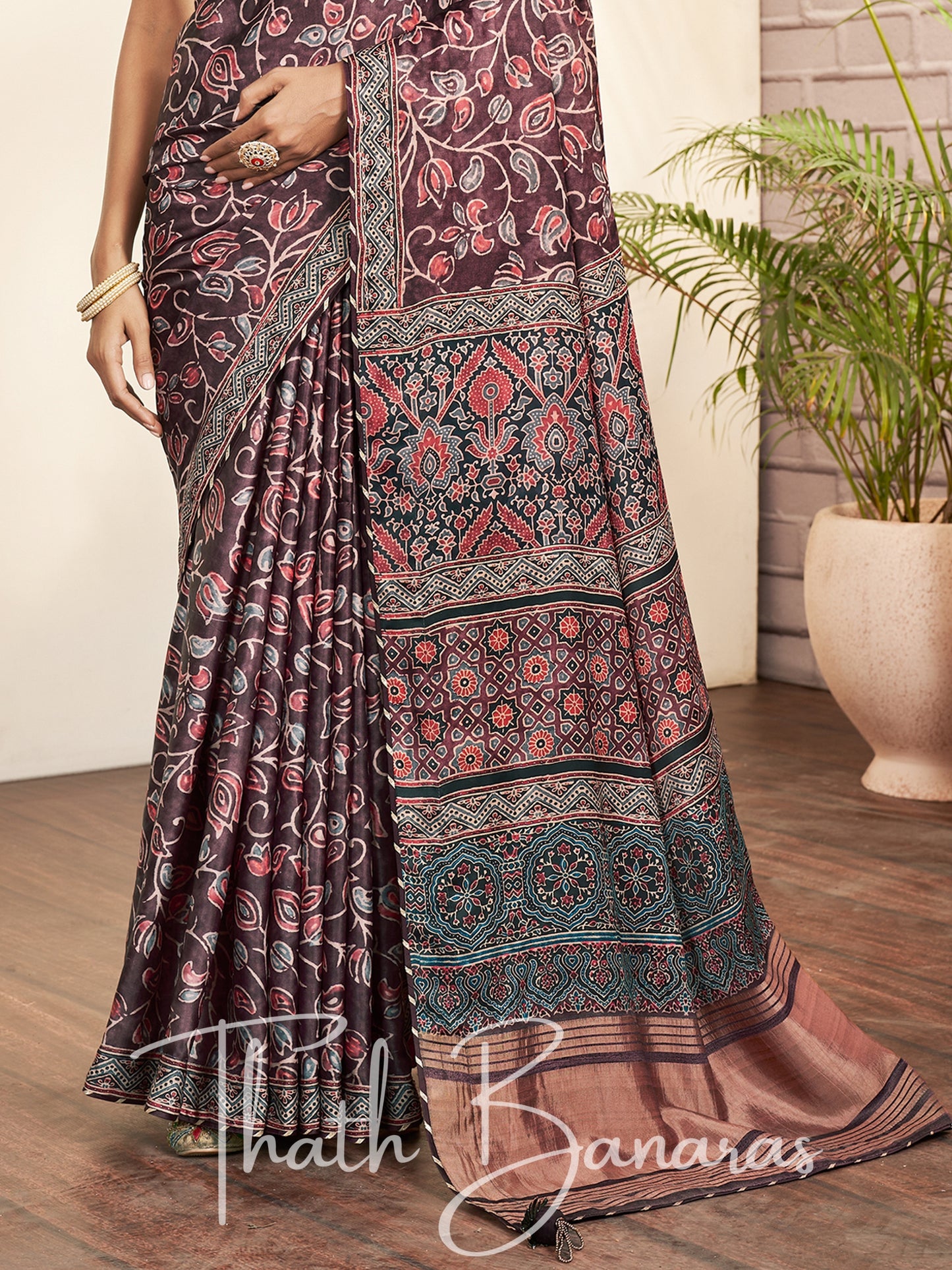 Chocolate Brown Silk Printed Designer Saree