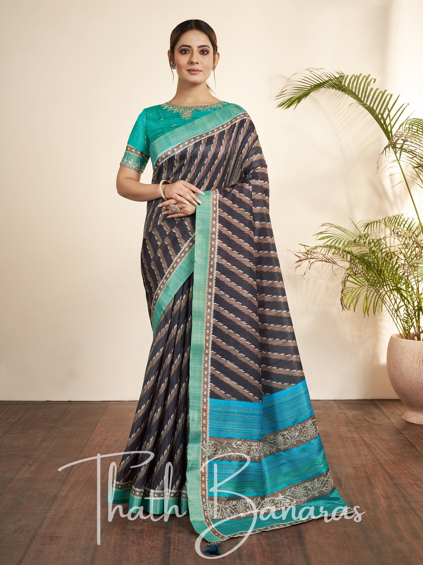 Sea Blue Silk Printed Designer Saree