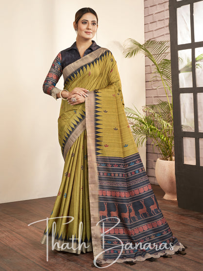 Mehandi Green Silk Printed Designer Saree