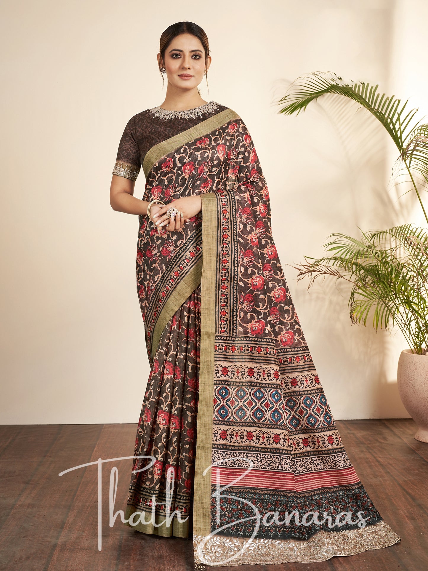 Brown Silk Printed Designer Saree