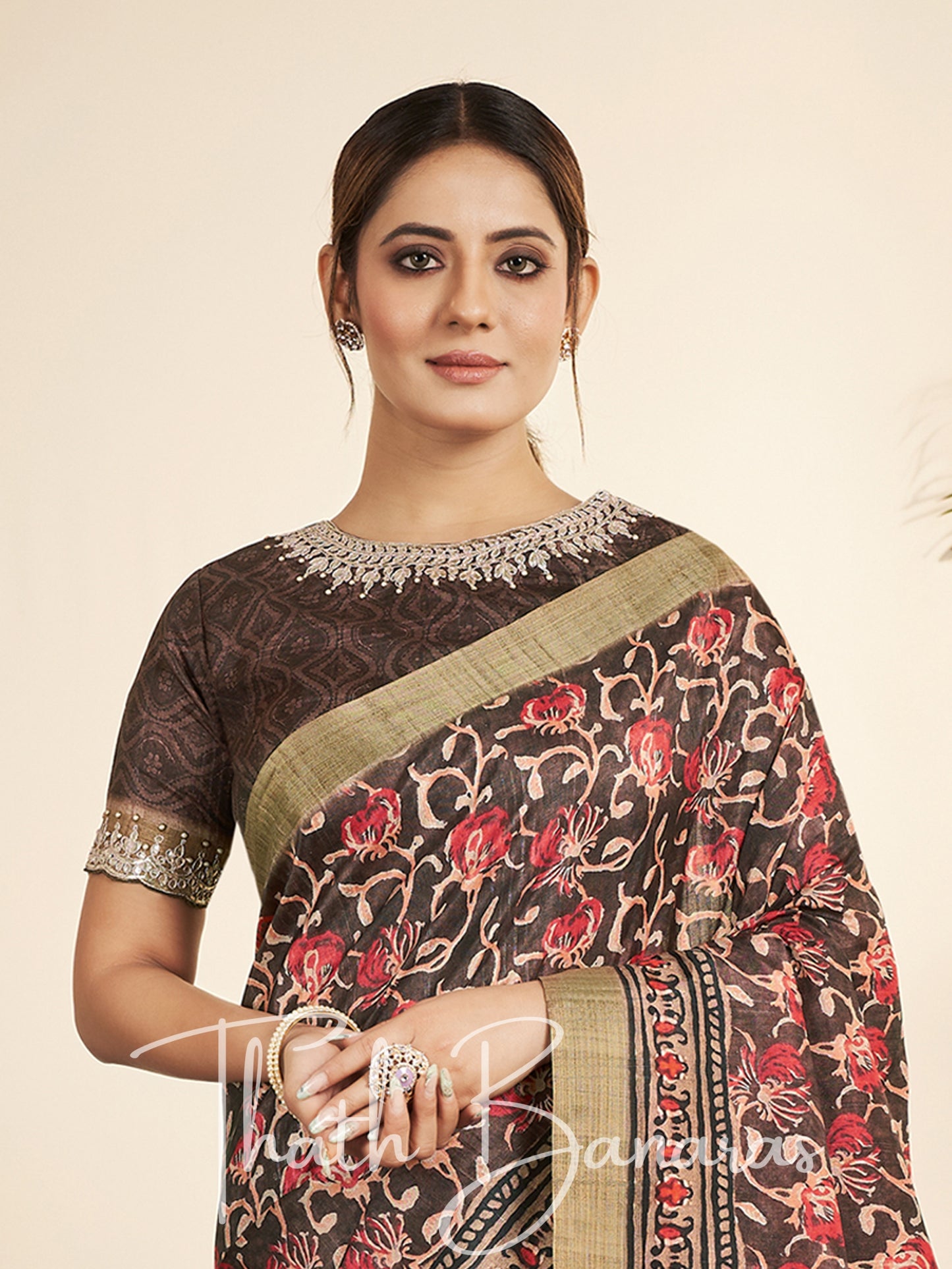 Brown Silk Printed Designer Saree