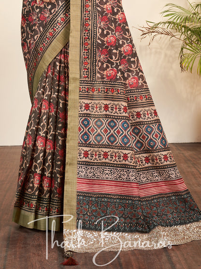 Brown Silk Printed Designer Saree