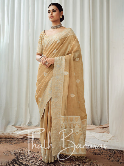 Ochre brown soft luckhnowi rich pallu linen saree.