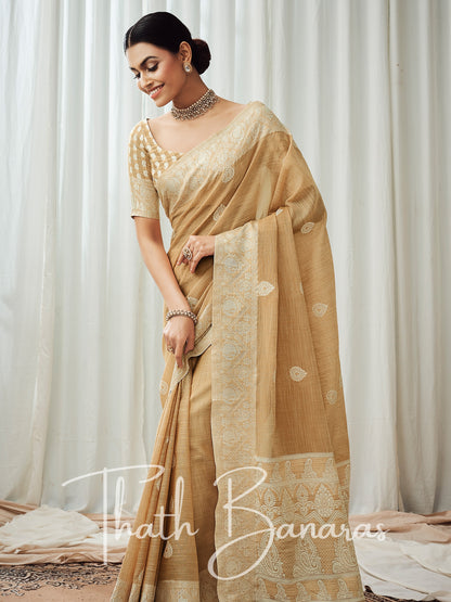 Ochre brown soft luckhnowi rich pallu linen saree.