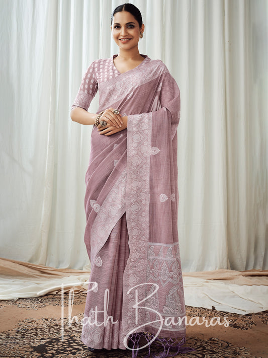 Lavender pink soft luckhnowi rich pallu linen saree.