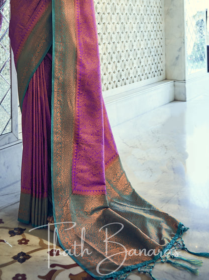 Sea blue and purple gold zari weaving embroidery