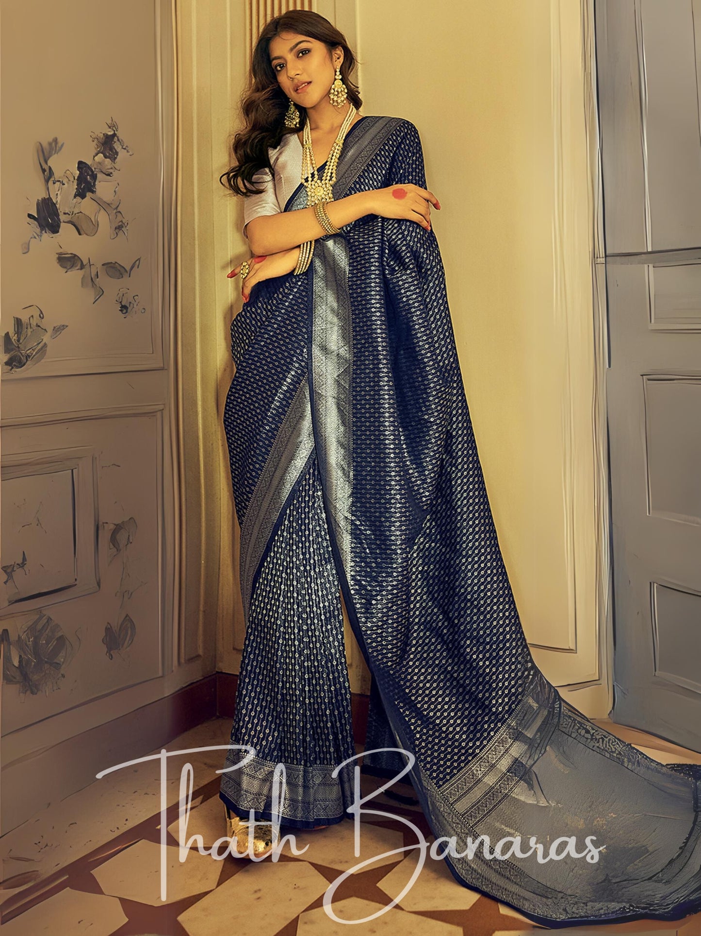 Royal blue and mellow white Soft Kanjiveram Silk with Silver Zari & Hand Dying