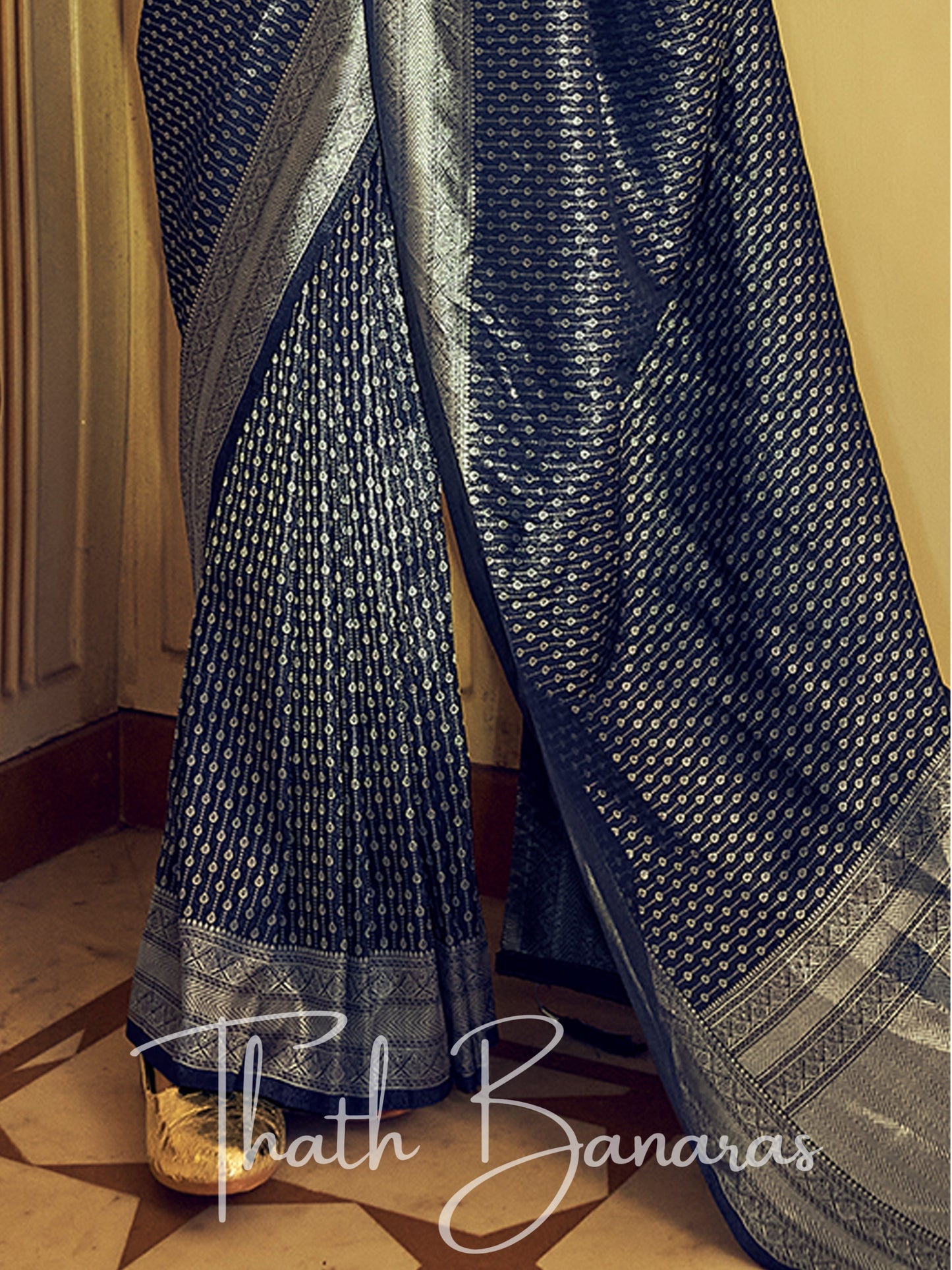 Royal blue and mellow white Soft Kanjiveram Silk with Silver Zari & Hand Dying