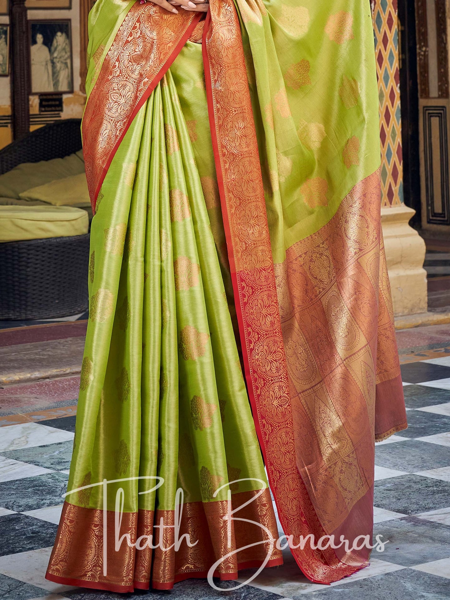 Pear Green Gota Work Pure Kanchipuram Handloom Tissue Silk Saree