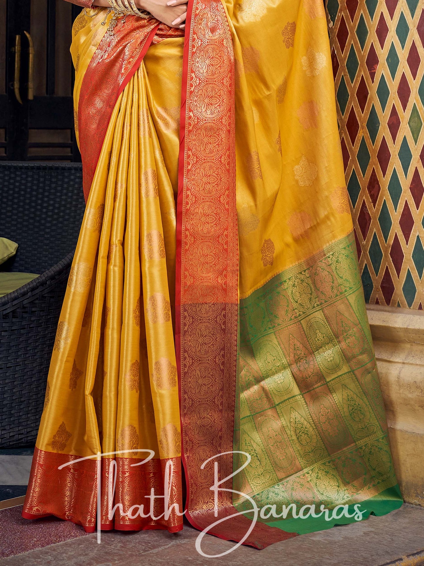 Mustard Yellow Gota Work Pure Kanchipuram Handloom Tissue Silk Saree