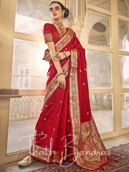 Red Kanchipuram Silk Saree with gold ethnic motifs zari border