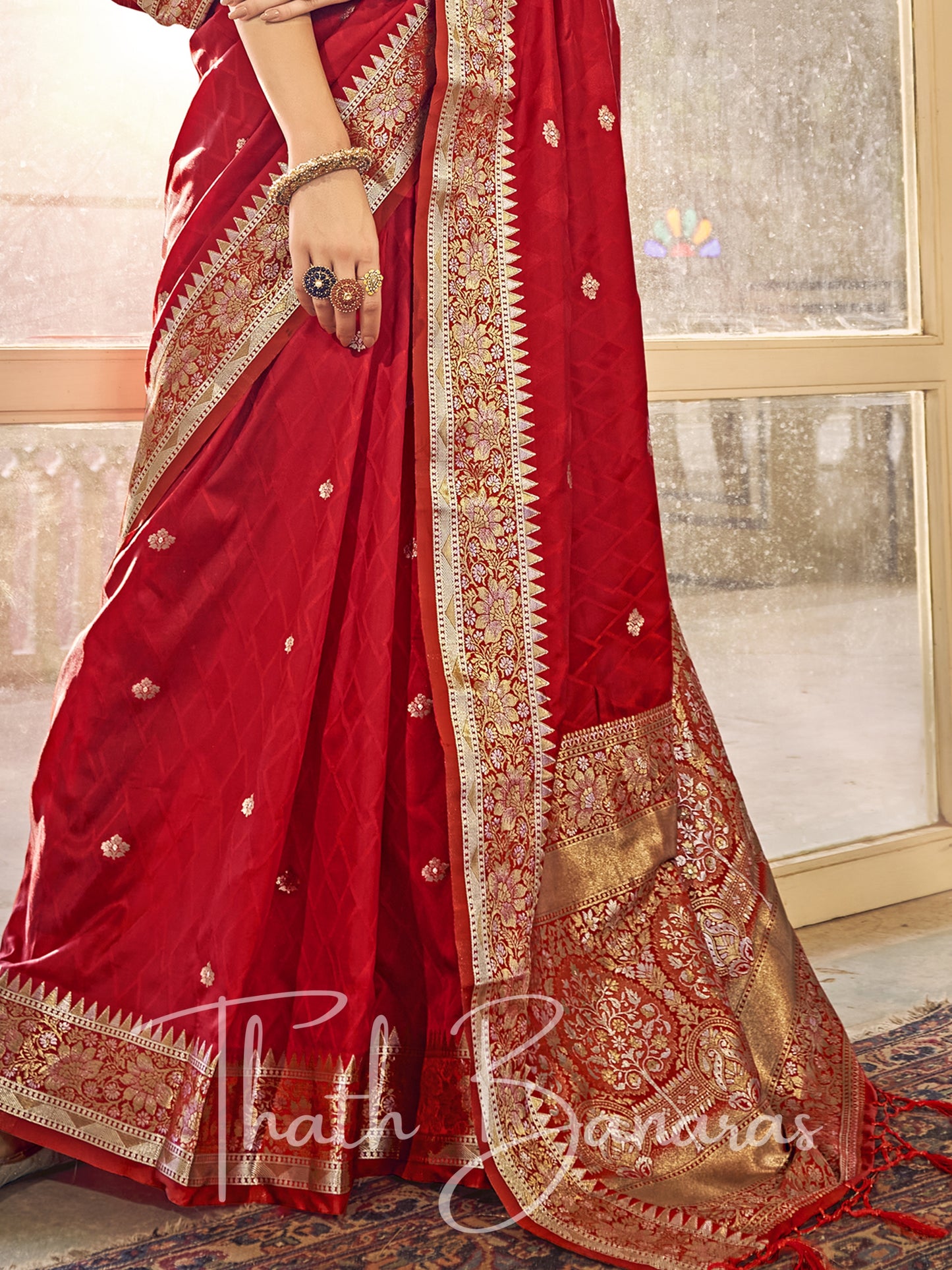 Red Kanchipuram Silk Saree with gold ethnic motifs zari border