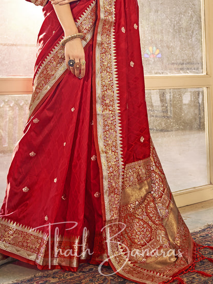 Red Kanchipuram Silk Saree with gold ethnic motifs zari border