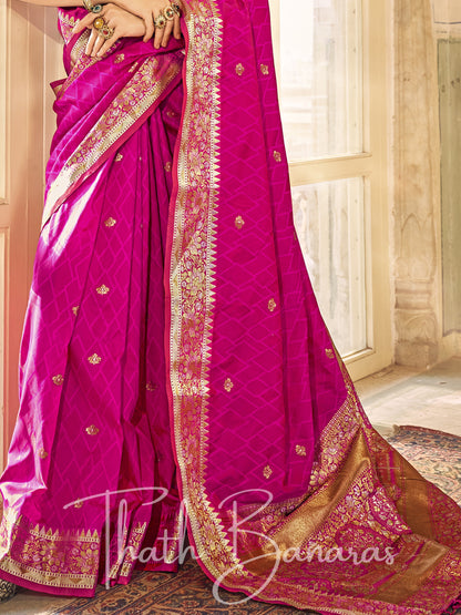 Fuchsia pink Kanchipuram Silk Saree with gold ethnic motifs zari border