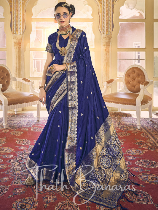 Royal Blue Kanchipuram Silk Saree with gold ethnic motifs zari gold border